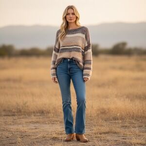 BKE Striped Fuzzy Knit Sweater Earthy Rustic Southwestern Boho Cottagecore Small